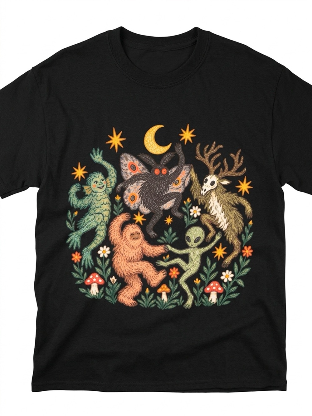 Whimsical Dancing Cryptid Bigfoot Mothman Black T-Shirt